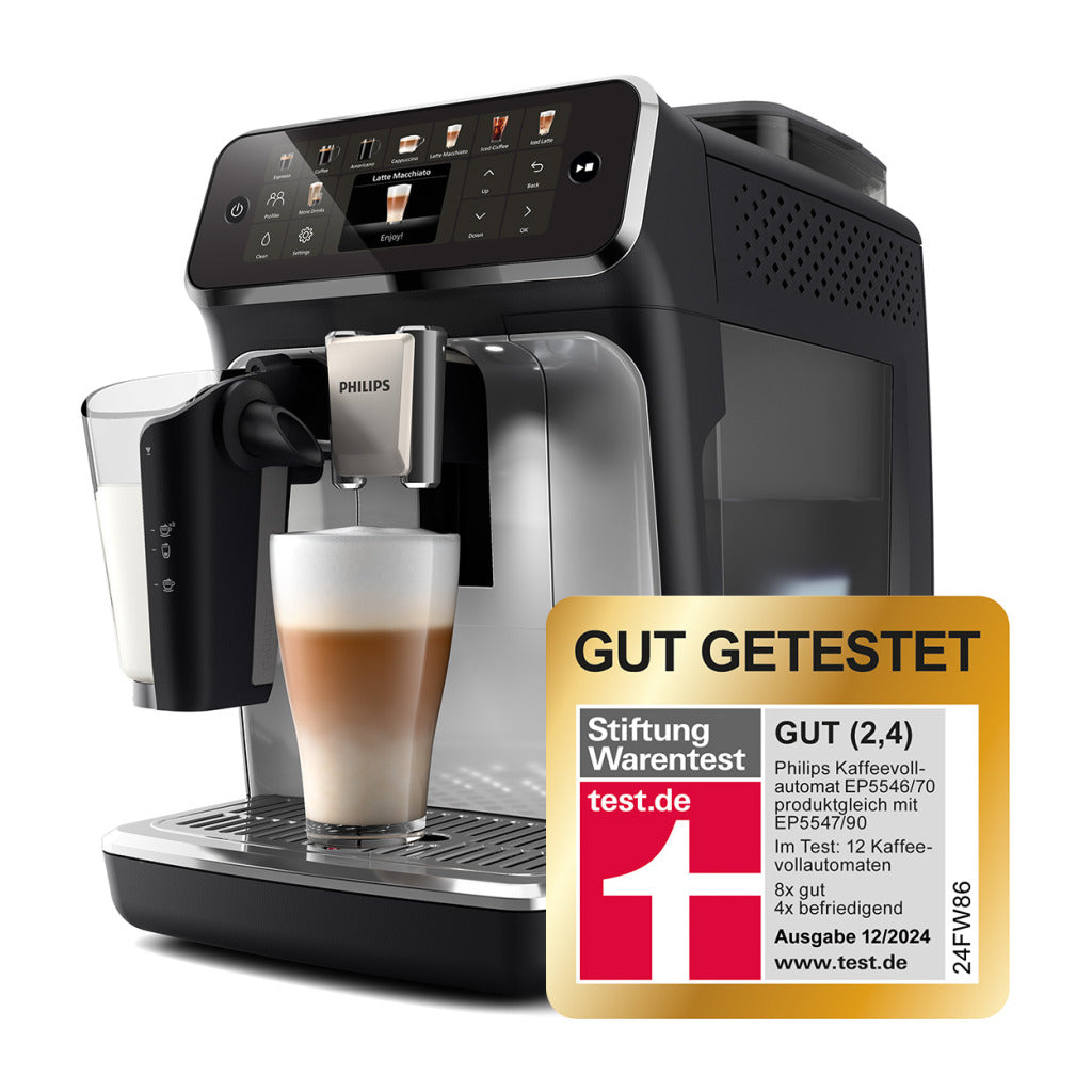 Espressomaschine Series 5500 EP5546/70 – LatteGo Milchsystem, 20 Heiße und Kalte Kaffeespezialitäten, Mit SilentBrew, QuickStart, Schwarz/Silber